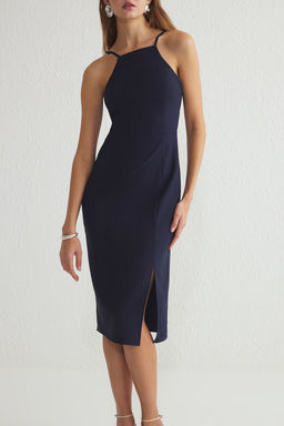 TRENDYOLMILLA Lacivert Vucudu Saran Midi Y?rtmacl? Dokuma Elbise TWOSS19BB0501  фото 4
