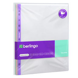 Папки перфорированные (файлы), комплект 100шт., А4, 30мкм, BERLINGO "Squares" (SPs_A4035) рельефная текстура, матовые, с цветным корешком, ассорти