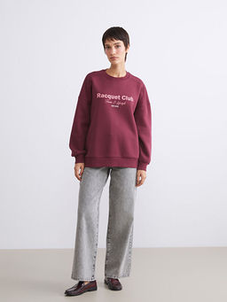 Bask?l? Oversize Kad?n Kal?n Sweatshirt