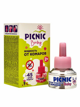 Цена за 2 шт. Дополнительный флакон-жидкость от комаров Picnic Baby, с экстрактом ромашки, 45 ночей, 30 мл