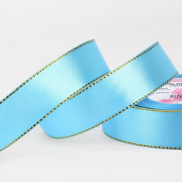 Лента атласная, с золотым люрексом, 25 мм, 23±1 м, голубая №020
