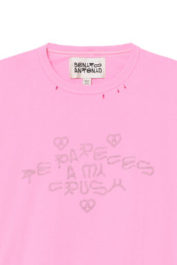CAMISETA EFECTO REV?S TEXTO LAVADO CRUSH / Rosa