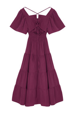 Murdum Belden Ac?lan Gipe ve S?rt Detayl? Kare Yaka Maxi Dokuma Elbise TWOSS24EL00431