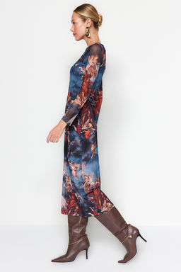 TRENDYOLMILLA Cok Renkli Bisiklet Yaka Bask?l? Astarl? Vucuda Oturan Tul Midi Orme Orme Elbise TWOAW24EL00605 фото 8