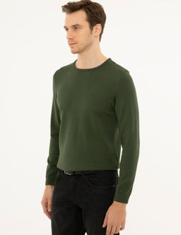 Базовый трикотажный свитер приталенного кроя цвета хаки с круглым вырезом - Cacharel фото 9