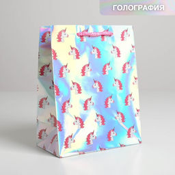 Цена за 2 шт. Пакет подарочный голографический, упаковка, «Единорожки», 23 х 27 х 11.5 см