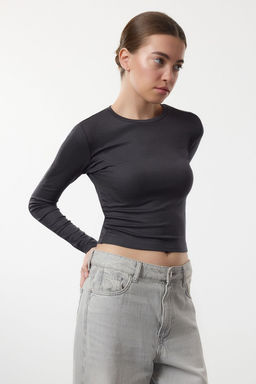 Antrasit Premium Viskon Bisiklet Yaka Crop Esnek Orme Bluz TWOAW24BZ00116
