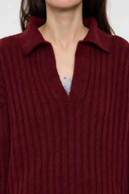 Bordo Yumusak Dokulu Polo Yaka Triko Kazak TWOAW24KZ00678