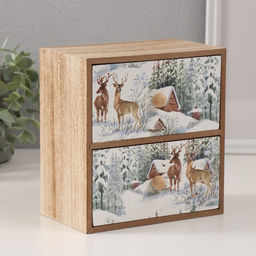 Шкатулка для чая 2 ящика Олени у заснеженного домика, дерево, 10.2?17.2?17.6 см