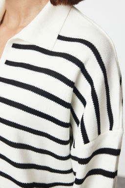 Ekru Genis Kal?p Polo Yaka Cizgili Triko Kazak TWOAW25KZ00341 - Trendyolmilla фото 4