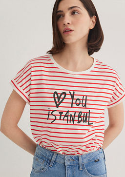 Love You Bask?l? Cizgili Istanbul Tisort - Mavi фото 2