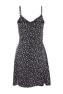 Siyah A Kesim Mini Baglama Detay? Cicek Desenli Dokuma Elbise TWOSS21EL3214