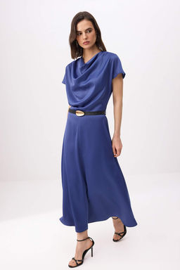 Petrol Saten Degaje Yaka Kemerli Midi Dokuma Elbise TWOSS26EL00351