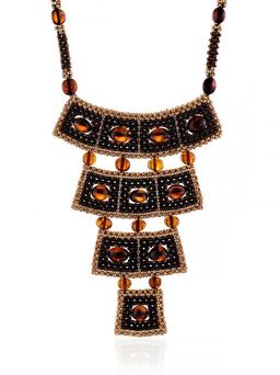 Стильное колье из бисера и янтаря Лукоморье в тёмном оттенке