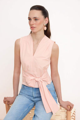 Somon Baglama Detayl? V Yaka Poplin Dokuma Bluz TWOSS26BZ00350