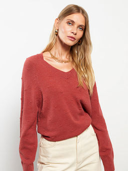 V Yaka Kendinden Desenli Uzun Kollu Kad?n Triko Kazak - Waikiki фото 3