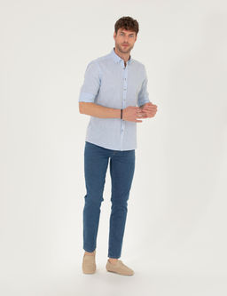 A__k Mavi Keten Kar___ml_ Regular Fit Uzun Kollu G_mlek