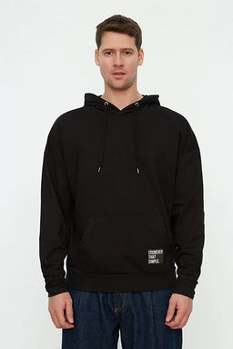 Siyah Kap__onlu Oversize/Geni_ Kesim Uzun Kollu Etiket Aplikeli Sweatshirt TMNSS21SW0221