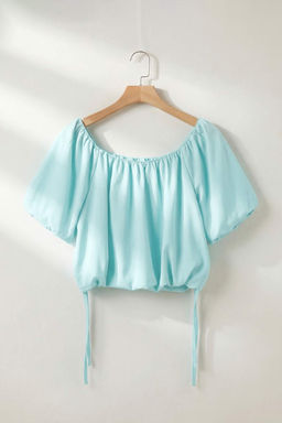 Su Yesili Baglama Detayl? Carmen Yaka Dokuma Balon Bluz TWOSS26BZ00419