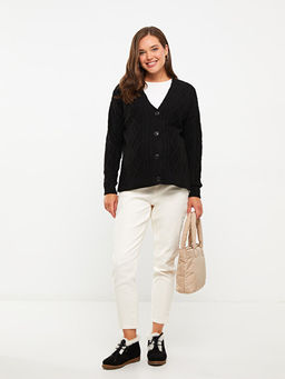 V Yaka Kendinden Desenli Uzun Kollu Hamile Triko H?rka