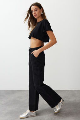 Siyah Kargo Cepli Yuksek Bel Wide Leg Jeans TWOAW22JE0393 - Trendyolmilla фото 2