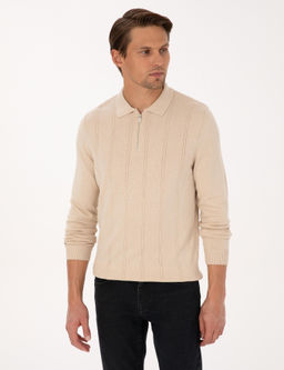 Bej Slim Fit Polo Yaka Fermuarl_ Triko Kazak - Pierre cardin фото 3