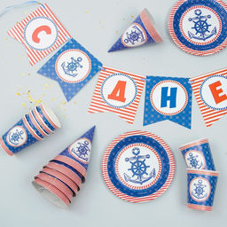 Посуда бумажная одноразовая «С днём рождения», 6 тарелок, 6 стаканов, 6 колпаков, 1 гирлянда