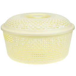 "Домашняя мода" Корзина-ящик пластмассовая "Оренбургская сеточка" д22,5см h10см, с крышкой, с ручками, ванильный (Китай)