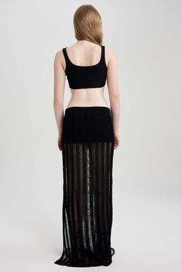 Черная длинная юбка узкого кроя с разрезом, связанным крючком - Defacto фото 3