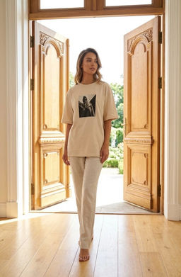 K13346 Футболка свободного кроя БЕЖЕВЫЙ