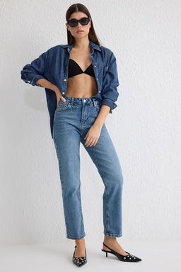 Mavi Yuksek Bel Duz Kesim Orta Esnek Straight Jeans TWOSS25JE00099