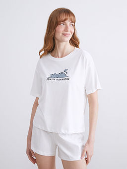 Bisiklet Yaka Bask?l? Kad?n ?ortlu Pijama Tak?m?