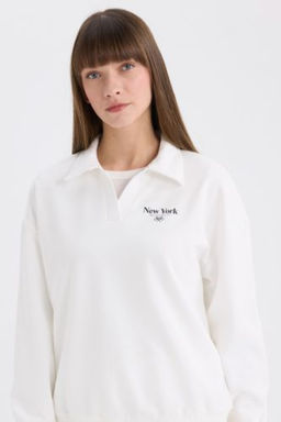 Relax Fit Polo Yaka Bask?l? Ince Sweatshirt