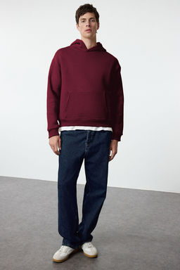 Bordo Oversize/Genis Kesim S?rt? Nak?s Detayl? Kapusonlu Sweatshirt TMNAW25SW00142