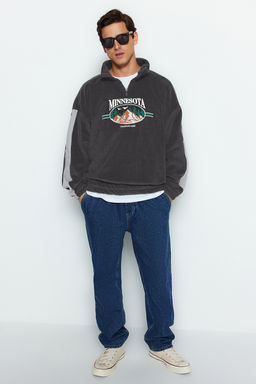 Antrasit Unisex Oversize/Genis Kesim Dik Yaka Anti-pilling Polar Sweatshirt TMNAW24SW00034