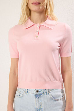 Pembe Polo Yaka Premium Iplik / Ozel Iplik Triko Bluz TWOSS25BZ00184