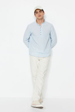 TRENDYOL MAN Mavi Slim Fit Yar?m Patl? Dugmeli Hakim Yaka Keten Gorunumlu Gomlek TMNSS20GO0097 - Trendyolmilla фото 31