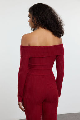 Trendyolmilla Bordo Carmen Yaka Vucuda Oturan Esnek Fitilli Orme Bluz TWOAW25BZ00313  фото 10