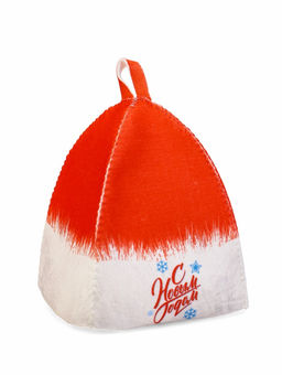 Набор для бани с принтом С новым годом!, 5 предметов: шапка, рукавица, тапочки, коврик, войлок, красный, Банная забава  фото 2