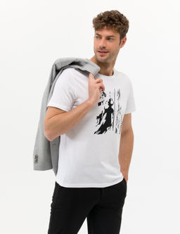 Beyaz Slim Fit Bask_l_ Bisiklet Yaka Ti__rt