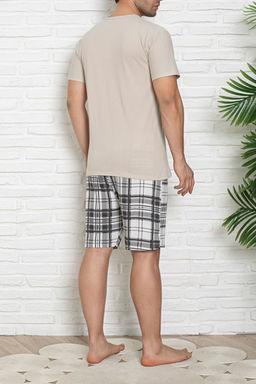 Trendyolmilla Man Bej Regular Fit Ekose Bask?l? Sortlu Orme Pijama Tak?m? TMNSS25PT00042  фото 2