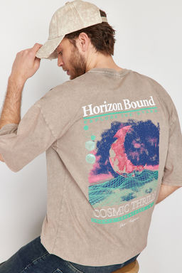 Trendyolmilla Man Vizon Orme Oversize/Genis Kesim Eskitme/Soluk Efektli %100 Pamuklu T-shirt TMNSS24TS00150