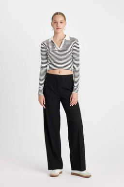 Приталенная полосатая футболка с воротником-поло и длинными рукавами - Defacto фото 2