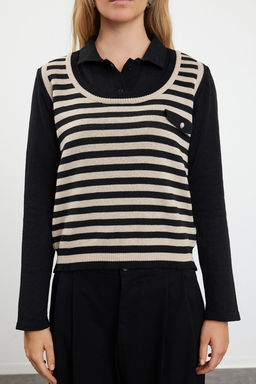 Siyah Cizgili Polo Yaka Dokuma Garnilli Triko Kazak TWOAW25KZ00038 - Trendyolmilla фото 3