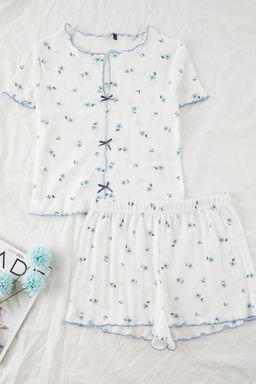 Trendyolmilla Beyaz %100 Pamuklu Cicekli Kurdele/Fiyonklu Fitilli Orme Pijama Tak?m? THMSS25PT00434 фото 16