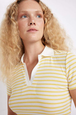 Приталенная футболка с короткими рукавами и воротником-поло в рубчик - Defacto фото 3