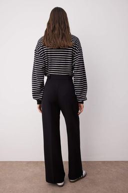 Siyah Pilili Wide Leg/Genis Paca Dokuma Pantolon TWOAW25PL00109 Palazzo