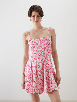 Kare Yaka ?i?ekli Modal Kar???ml? Mini Elbise