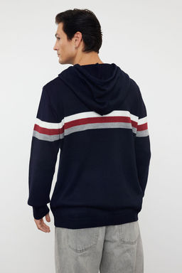 Lacivert Slim Dar Kesim Kapusonlu Cizgili Triko Kazak TMNAW21KZ0517