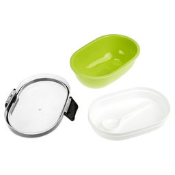 Ланч-бокс для продуктов пластмассовый Обед Люкс 18,5х14см h9см, 2 уровня: 0,3л, 17,8х11,5см h3,4см; 0,45л, 18,7х12,5см h6,1см, с ложкой 13,5см, крышка прозрачная, с клипсами, с уплотнителем, цвета в ассортименте: фисташковый, розовый, голубой (Кита - Домашняя мода фото 6